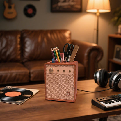 CoolGift Mart Guitar Accessories, Sapele Wood Amp Styled Guitar Pick Holder with Pen Storage, Desk Organizer Gift for Guitarists for Picks and Pens Storage