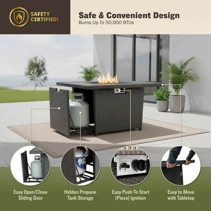 Kinger Home Ethan Rattan 42-Inch Propane Gas Fire Pit Table, Outdoor Patio Firepit, 50,000 BTU, Includes Wind Guard & Fire Glass