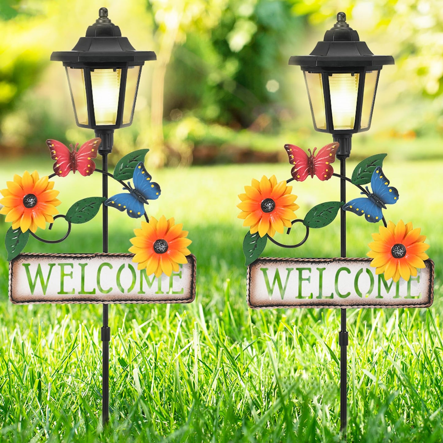 Lewondr Solar Garden Lights Butterfly, 37.4 Inch Solar Lamp Post Light with Welcome Sign & Butterflies, Outdoor Waterproof Solar Stake Lights for Yard Porch Patio Pathway Gardening Gifts, 2 Pack