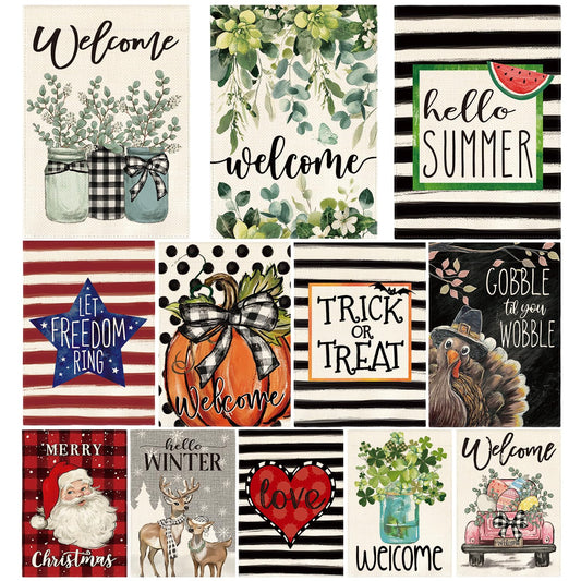 AVOIN colorlife Set of 12 Seasonal Holiday Garden Flag 12x18 Inch Double Sided Outside, Welcome Farmhouse Yard Outdoor Flag