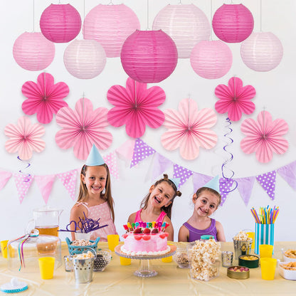 Pink Party Decorations, 18Pcs Hot Pink Hanging Paper Lanterns & Flower Fans 8"-14" for Girls Birthday, Bridal Shower, Wedding, Bachelorette, Girls Night, Graduation Party Decor