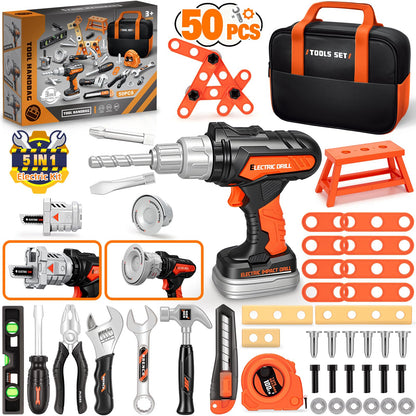 50PCS Kids Tool Set for Boys Ages 3 4 5 6 Years Old - Pretend Play Construction Tool Kits with Portable Tool Bag & Electronic Toy Drill, Toddler Tool Set, Christmas & Birthday Gifts for Boys