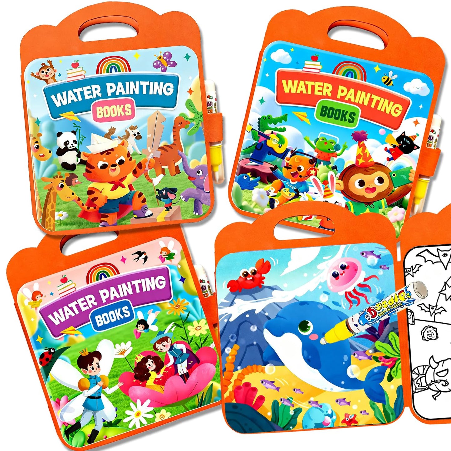 Usmfuie 3 Pcs Reusable Water Painting Book for Toddlers, Water Coloring Books for Kids, Paint with Water Books, Magic Water Color Paint Book with Pen, Water Doodle Book Travel Toys