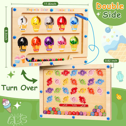 2 in 1 Magnetic Color and Number Maze, ABC Alphabet Puzzles Board Magnet Ice Cream Toys, Montessori Educational Magnet Puzzle, Preschool Learning Counting Toys for 2 3 4 5 Birthday Gifts