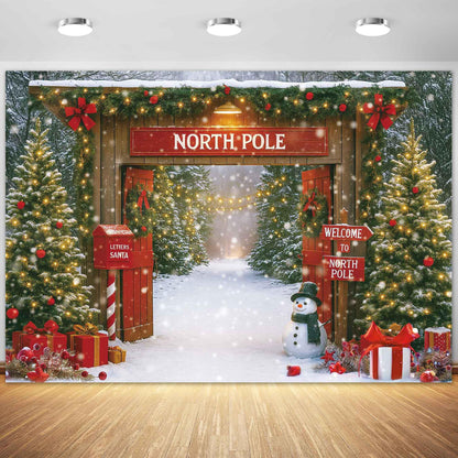 Fluzimir Christmas Photography Backdrop 10x8ft – Rustic Snowy Forest Barn Door with Xmas Tree, North Pole Winter Scene Fabric Photo Background for Family Party, Baby Holiday Photos