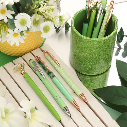 Sabary 8 Pcs Green Pens with Pen Holder for Desk Glitter Crystal Diamond Cute Ballpoint Fancy Pencil Holder Bling Desk Organizer for Women Girls School Office Supplies Wedding Graduation Gifts