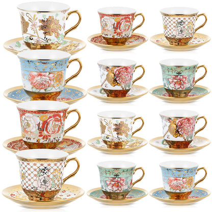 Teenyyou Set of 12 Tea Cups and Saucers Tea Party Decorations Floral Porcelain 7.4 oz British Gift for Women Birthday Party, Church, and Mother's Day (Stylish Style)