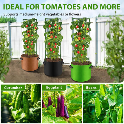 Suntee 3 Pack Tomato Cage with 10 Gallon Grow Bags, 48 Inch Tomato Cages for Garden Patio Balcony, Adjustable Height Tomatoes Plant Support for Climbing Vegetables Plants Flowers