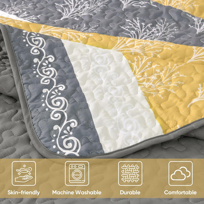 DJY Yellow Boho Quilt Set Queen Size, Striped Floral Yellow and Grey Bedspread Coverlet, 3 Pieces Patchwork Stripe Quilt Bedding Set Soft Microfiber Reversible Bedspread for All Season (96"x90")