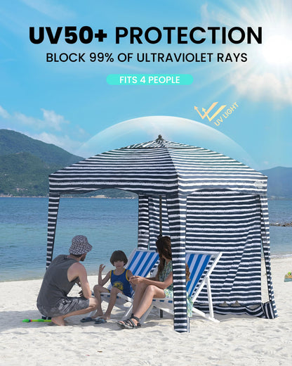 Qipi Beach Cabanas for Sand, Beach Canopy with Sandbags & Side Wall for Family, Easy Set Up Sun Shelter, UPF 50+ UV Protection with Roof Vent 6' x 6' A-Sailor Stripes