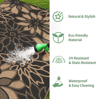 GENIMO Outdoor Rug Waterproof for Patio Decor, 5' x 8' Reversible Plastic Straw Floral Camping Carpet, Large Area Rugs Mats for RV, Camper, Deck, Balcony, Porch, Beach, Picnic, Black & Brown