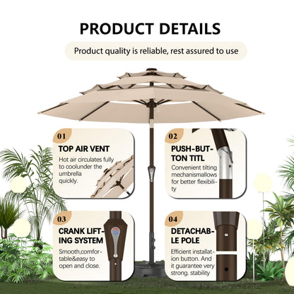 Ayge 9FT 3-Tier Large Outdoor Patio Umbrella Market Table Umbrella-UV Resistant,Easy Push Button Tilt and Crank,8 Sturdy Fiberglass Ribs Heavy-Duty Pool Umbrella for Deck,Backyard,Garden,Yard,Beige