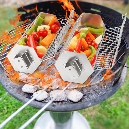 Hexagonal Rolling Grilling Basket Set, 2 PCS Stainless Steel BBQ Grill Baskets with Removable Wooden Handles, Large & Small Nestable Design for Outdoor Camping, Ideal for Vegetables, Meat & Seafood on Gas/Charcoal Grill