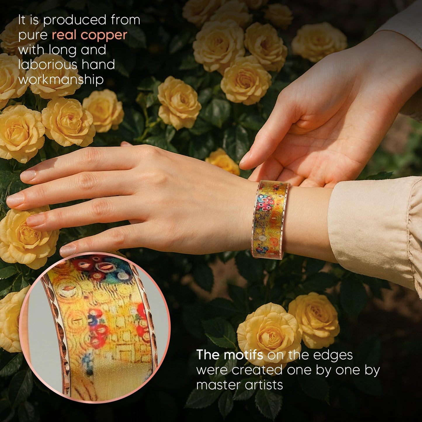 Moreni Copper Bracelet for Women – Handmade Engraved Cuff Inspired by “The Kiss” – Artistic Pure Copper Jewelry with Gift Wooden Box
