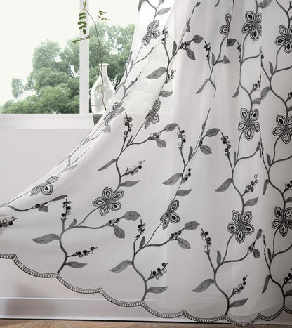Petrichor Embroidered Sheer Curtain 2 Panels Set - Luxury Window Curtain Attached Valance with Satin Backing and 2 Tie Backs for Living Room,Dining Room, 54x84 inches, Gray