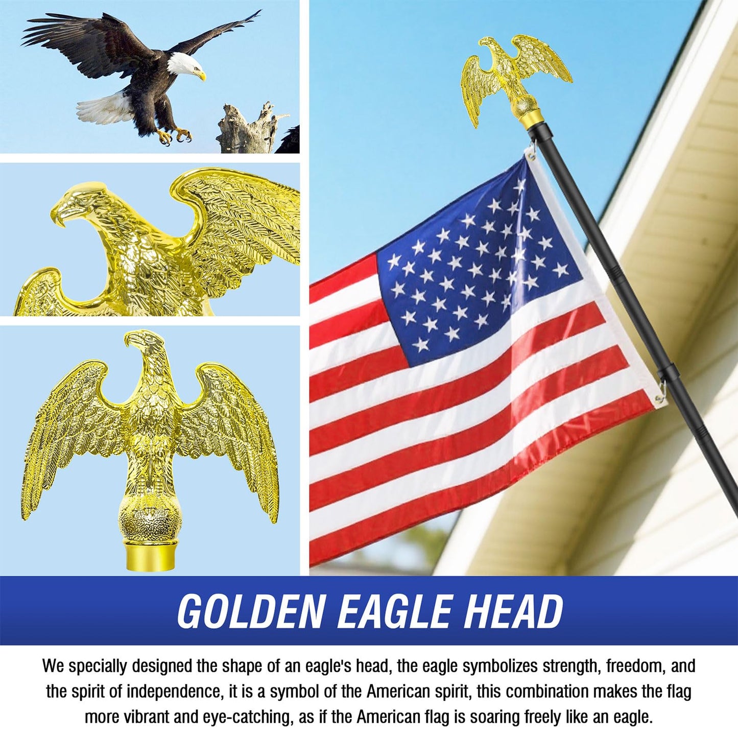 Flag Pole for Outside House, Outdoor Black Heavy Duty Porch 6 FT Flag Pole Kit, for Residential or Commerical, Tangle Free Flagpole (Include American 3 X 5 Flag, Wall Mount Holder, Eagle Shaped Head)