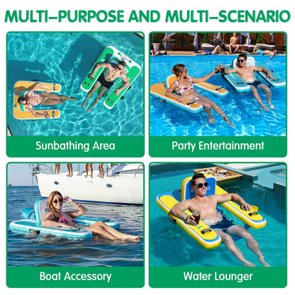 GYMMALL Inflatable Pool Lounger Float, Tanning Pool Chair Float for Adults, 53" L*43" W Sunchill Floating Chair Dock for Outdoor Lake, River and Beach with Storage Bag and Cup Holder - Mint Green