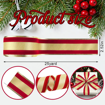 ABTOLS 25 Yards Christmas Ribbons 2.5", Red Gold Stripe Wired Edge Burlap Ribbon Champagne Ribbons for Xmas Farmhouse Decor New Year DIY Crafts Wreaths Bow