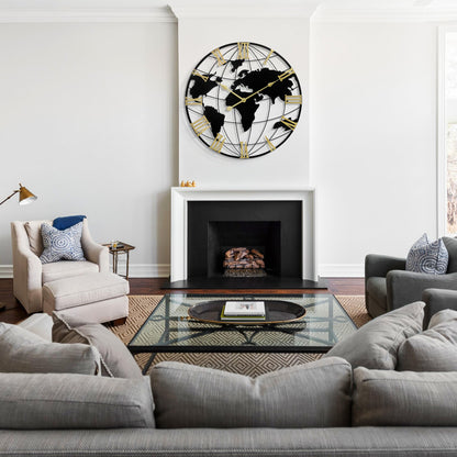 LEIKE Large Wall Clock 24IN, World Map Modern Style Wall Clocks, Big Clock for Wall Living Room Decor, Office Wall Decor, Silent Non-Ticking for Bedroom, Kitchen, School