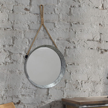 Stonebriar Rustic Round Galvanized Metal Mirror with Rope Hanging Loop ; Farmhouse Home Decor ; For Bathroom, Bedroom, and Living Room, 11.9", Grey