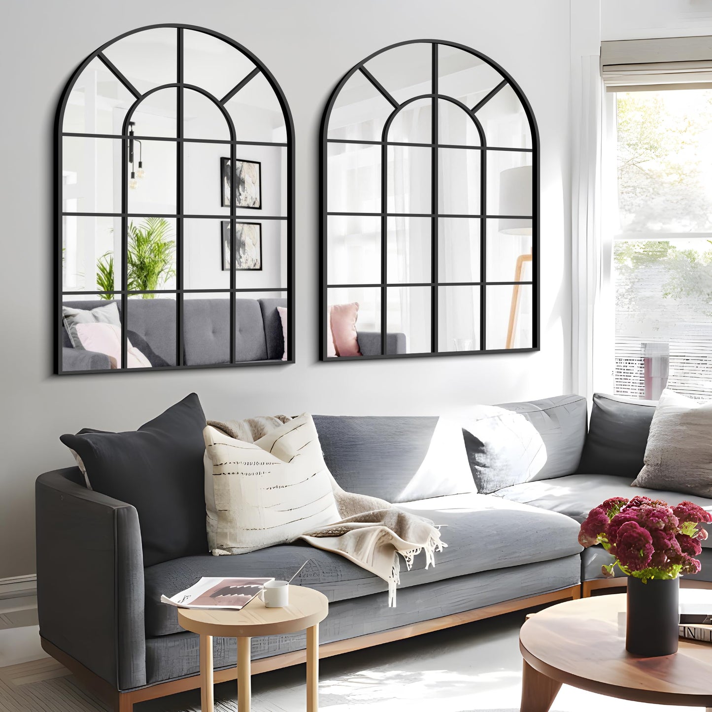 GLASHOM Black Arched Mirror,30x40 inch Arched Window Morror Wall Mounted,Black Frame Window Pane Mirror for Living Room Bedroom Entryway Hanging or Leaning Against Wall