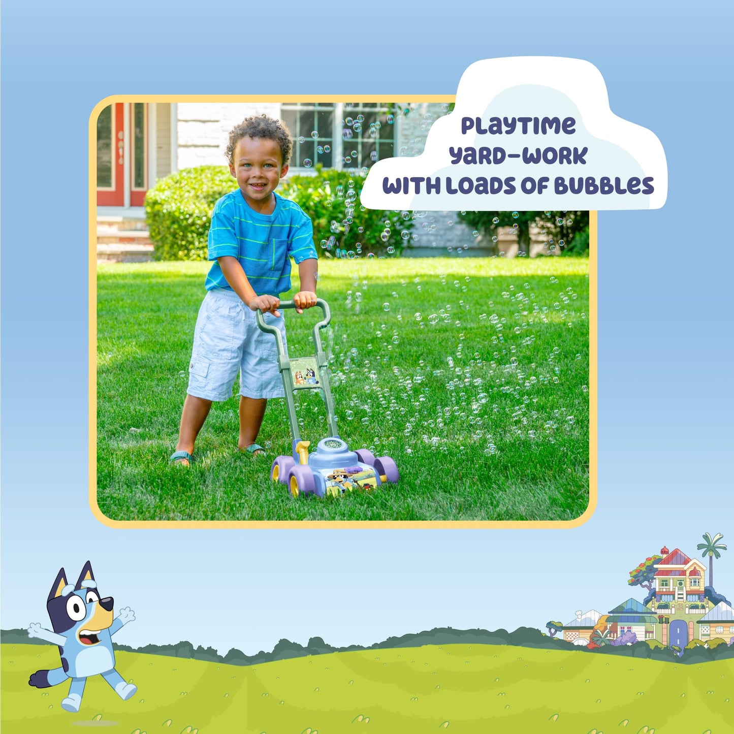 BLUEY Bubble Lawn Mower for Toddlers, Bubble Blowing Machine with Sound for Indoor and Outdoor Gardening Toy, Plays Bluey Music, Birthday, Party Favor for Preschool Girls and Boys