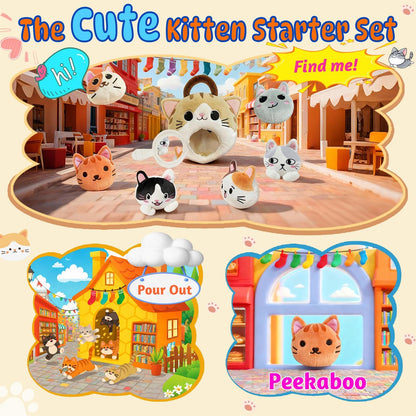 hittaty Cat Stuffed Animal House- Plush Kitten Toy Set with 6 Soft Cats Interactive & Portable Plush House Kitties Carrier Playset for Toddlers & Kids, Sensory Toys Boy Girl Birthday Gift