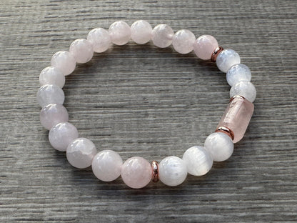 GAF TREASURES Rose Quartz and Selenite Crystal Bead Bracelet 8mm, Genuine Rose Quartz Cylinder with Copper Discs Stretch Gemstone Bracelet, Healing Crystal Bracelet, Gift for Men & Women (1)
