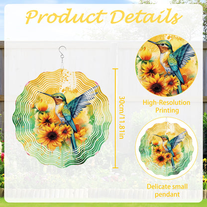 Hummingbird Wind Spinner Outdoor, Gift for Women Men, Hanging Metal Wind Catcher with 5" Sunflower Center Pendant, 12" 3D Stainless Steel Kinetic Art for Garden Yard