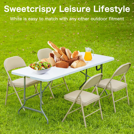 Sweetcrispy 6 FT Folding Picnic Table Easy to Fold and Store, Foldable Table for Camping Picnic Dining Party Kitchen Outdoor Indoor with Carrying Handle
