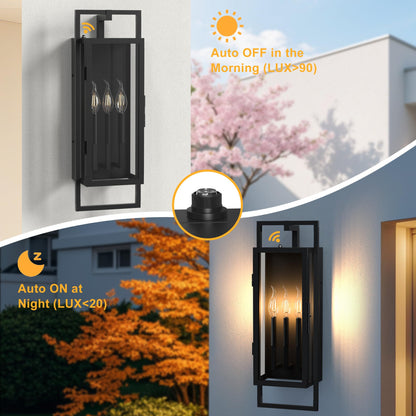 Lawyettle 26.38IN Porch Light Outdoor, Dusk to Dawn Wall Lantern with Tempered Glass, Waterproof Outside Light Front Porch Light 3-Light, Matte Black Front Open Window Wall Sconce for Patio