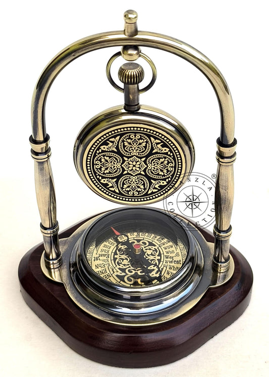 Hanzla Collection 6'' Inch Antique Brass Compass Clock | Nautical Table Compass with Base | Handcrafted Vintage CompassClock for Desk & Shelf | Ideal Gift for Collectors