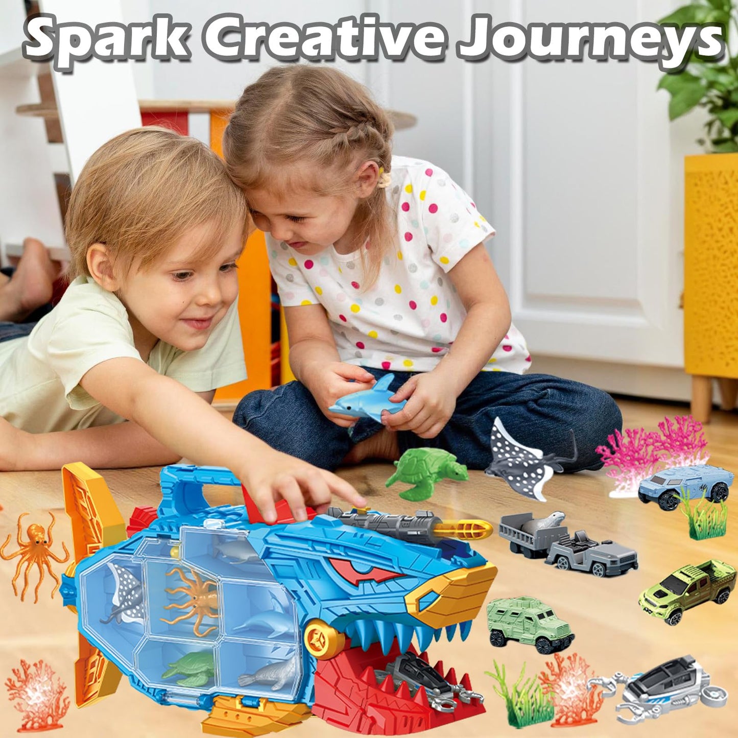 Frontoytall Shark Toy & Deep Sea Creatures Ocean Animal Toys with Truck Cars, 18 Piece Educational Playset for Kids Ages 3+ Years Old, Indoor & Outdoor Play, Preschool Learning Bath for Boys Girls