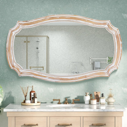 HOITUZYUS 36x24 Inches Rustic Scalloped Wall Mirror, Baroque Curved with Beaded, Distressed Wooden Decorative Mirros for Living Room, Bedroom, Entryway - Horizontal or Vertical