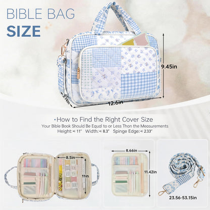 Bible Cover Case for Women Bible Study Supplies Christian Gifts for Women Church Camp Essentials Christian Bible Journaling Kit Quilted Large Bible Cover (Spliced Blue Flower, Large)
