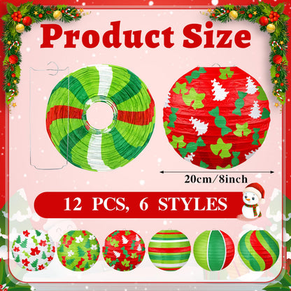 ADLKGG Christmas Party Decorations, Red Green Christmas Trees Bell Candies Printed Paper Lantern Decorative for Holiday Xmas Party Baby Shower Birthday Indoor Outdoor, 12Pcs