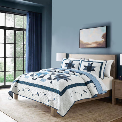 Secgo Handmade Quilted 100% Cotton King Comforter Set for Bed - 100% Cotton Quilts King Size, Black Bedspreads (96 * 108 Inch) with 2 Pillow Shams, Patchwork Reversible Lightweight Bedding