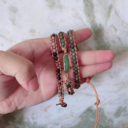 Plumiss Women Boho Handmade Green Crystal Indian Agate Rhodonite Stone Bead Strand 3 Wrap Bracelets
