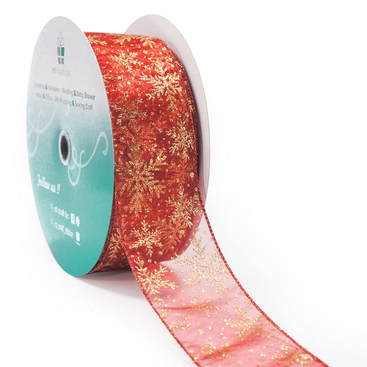 CT CRAFT LLC Organza with Red Glitter Snowflakes Wired Ribbon 2.5 inch x 50 Yards for Christmas Home Decor Tree Topper Bow Gift Wrapping DIY Crafts Wreath Garland Wedding