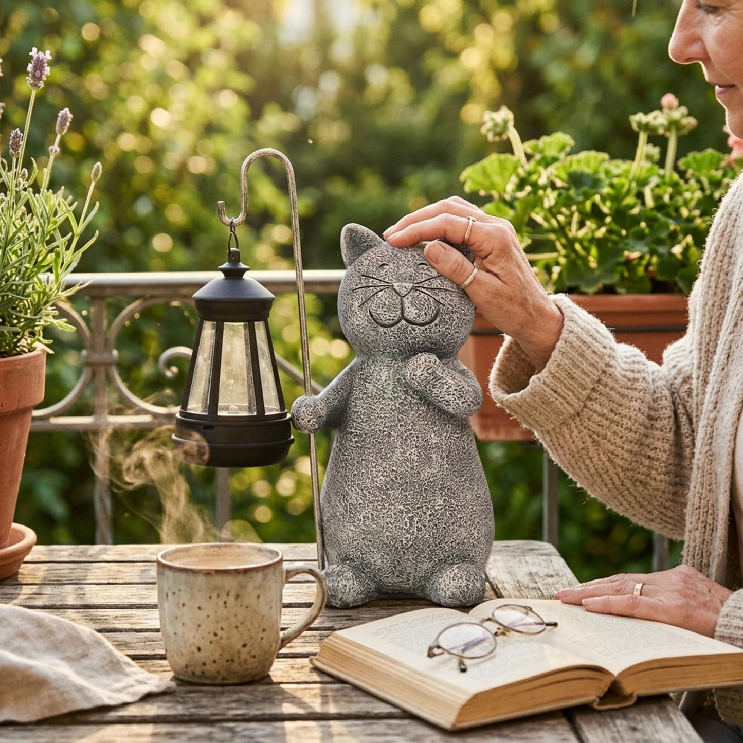 Qeeman Solar Cat Garden Statue: Weatherproof Resin Figurine with Warm Glow Lantern - Outdoor Decor for Yard Pathway Patio Porch Balcony - Gifts for Mom Grandma Cat Lovers