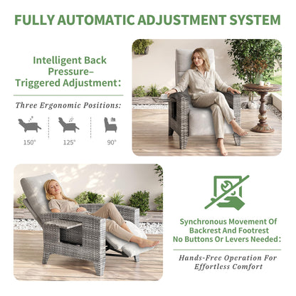 Garvee Wicker Recling Patio Chair with Independent Adjustable Back and Footrest Air Pump 150° Lay Flat Reclining Chair Outdoor Recliner Chair with Extended Footres and Removable Cushion for Garden