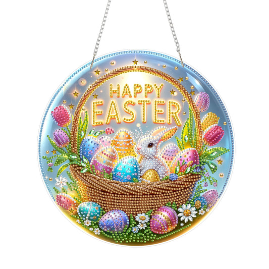 Aeepics Easter Diamond Art Hanging Kits for Adult, DIY Round Diamonds Painting Pendant Ornament Kit, Acrylic Diamond Art Board Painting (Happy Easter)