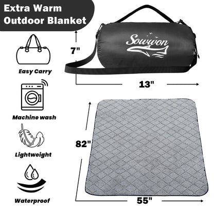 Waterproof Outdoor Blanket 82”X 55” Packable, Stadium Blankets for Camping with Sherpa Fleece Lining, Large Windproof Emergency Throw for Garss Picnic Hiking Road Trip, Machine Washable, Black 300GSM