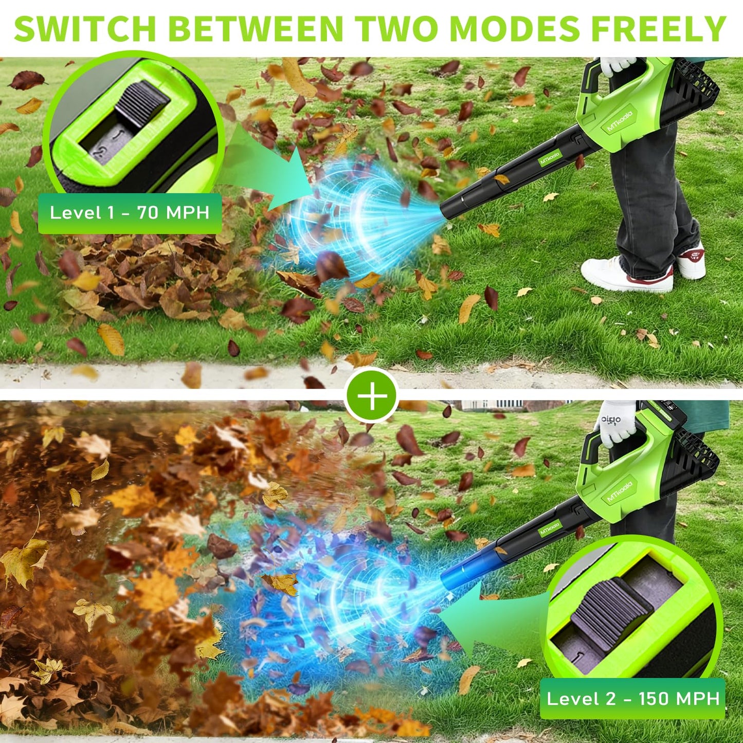 2026 Upgrade Leaf Blower, Leaf Blower Cordless with 2 * 2.6AH Batteries and Fast Charger, 450CFM &150MPH and 2 Speed Mode, Lightweight Electric Leaf Blowers for Lawn, Yard, Leaves, Dust Car (Green)