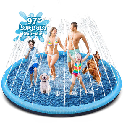 YAUNGEL Splash Pad for Dogs - 97in Non-Slip Splash Sprinkler Pad for Kids Toddlers Baby, 0.58mm Thickened Durable and Foldable Dog Pool Summer Outdoor Water Toys Play Mat, Blue