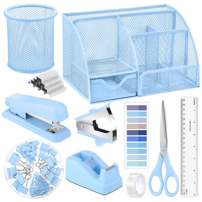 11 in 1 Blue Desk Organizer and Accessories, Blue Desk Accessories Light Blue Office Supplies Include Blue Stapler Blue Tape Dispenser Pen Holder Staple Remover Clips Ruler Scissors Tapes Tabs