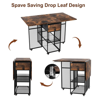 TQVAI Drop Leaf Folding Dining Table 4-6 People Large Heavy Duty Foldable Kitchen Tables with 2 Drawers 6 Wheels 2-Layer Storage Shelf for Small Space Dinging Room Patio Outdoor Camping, Black/Antique