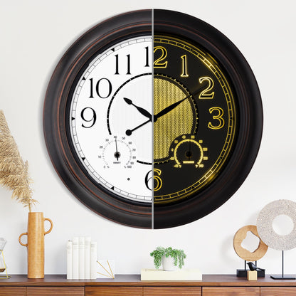18 Inch Large Illuminated Outdoor Wall Clock, Waterproof Wall Clock with Smart Night Light Sensor, Lighted Large Wall Clock with Thermometer & Hygrometer for Patio Pool Porch Garden & Home Decor
