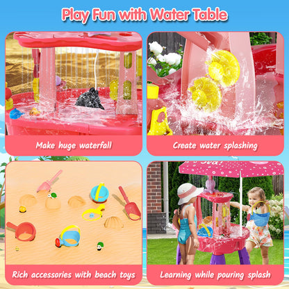 2026 Sand Water Table Toys for Toddlers 1-3 3-5 with Umbrella, 3-Tier Kids Outdoor Water Tables Toy, Auto Electric Pump Sensory Play Water Table for Girls 4-8, Beach Summer Water Toy, Pink&Purple