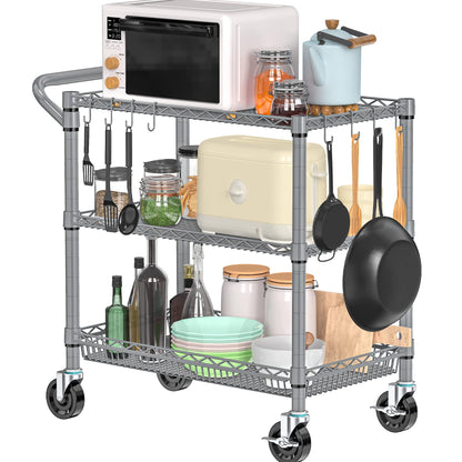 Folews Heavy Duty Rolling Cart with Wheels for Kitchen & Garage, 990LBS 3-Tier Metal Utility Cart, NSF Adjustable Shelves & Basket, Lockable Casters, Commercial Storage Trolley, Gray